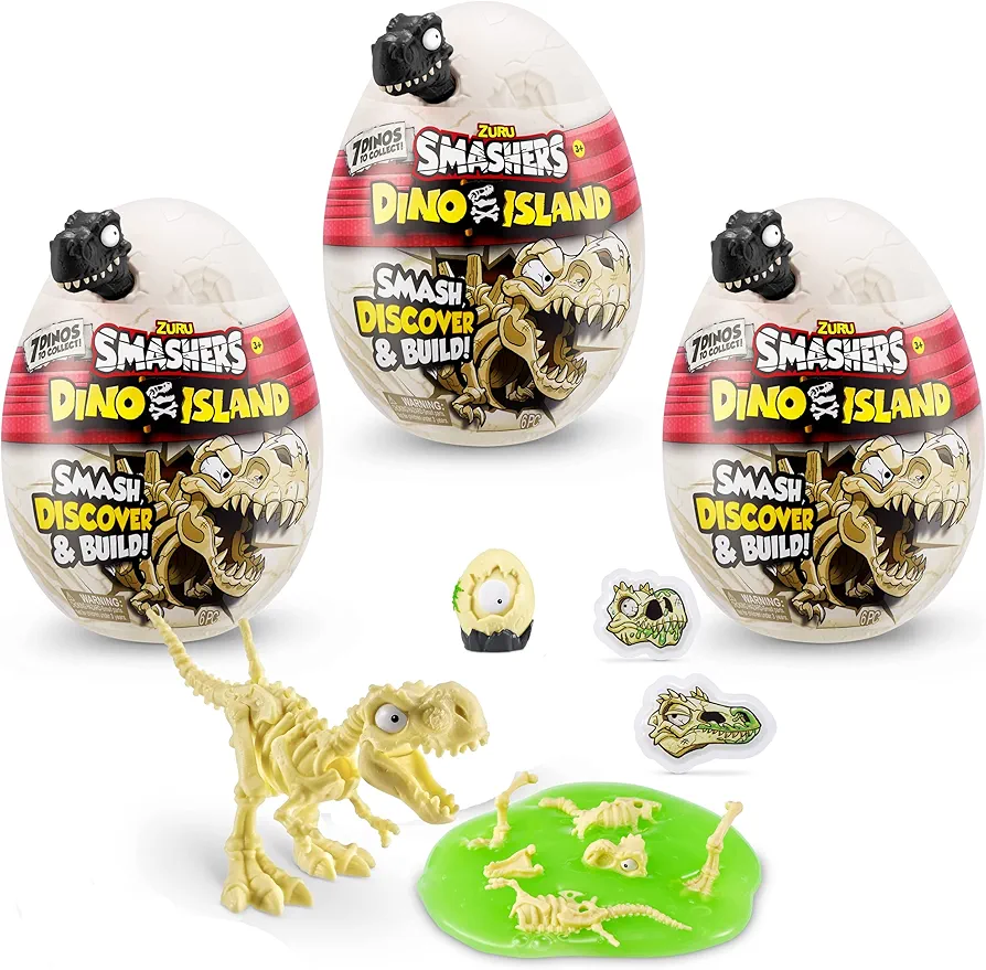 Smashers Dino Island Nano Egg (3 Pack) by ZURU with 6 Hidden Surprises, Mini and Dinosaur Toy, Prehistoric Discovery Slime More, Age 3+