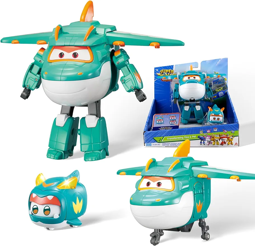 Super Wings - 5" Transformer Toys Tino & Mini Tino Pet, 3 in 1 Transforming Dinosaur Airplane Robot Toys, Action Figure Educational Toys for Boys Girls Age 3+, Dinosaur Toy for Preschool Play