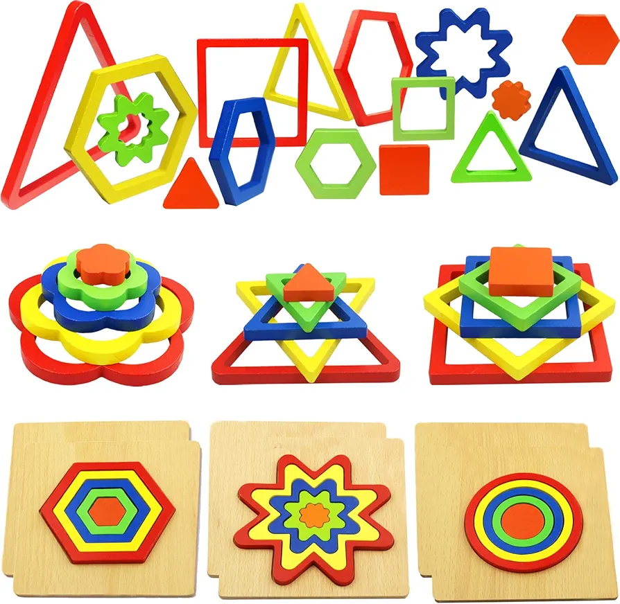 Toddler Puzzles Wooden Toys, 6 Pack Shape Sorting Puzzle Sensory Toys 1 2 3 Year Old Toddlers Activities Preschool Learning Early Educational Travel Puzzle