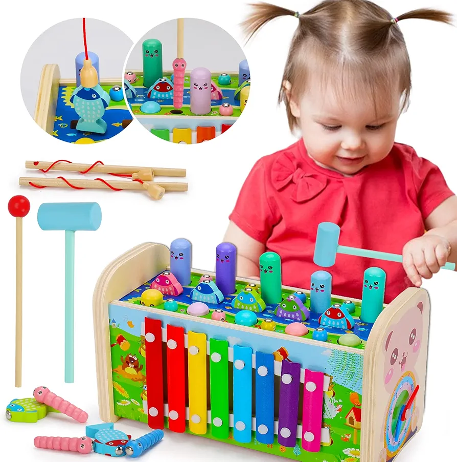 Educational Wooden Montessori Toys for 1 Year Old Age 2 3 Toddler Sensory Toy Developmental Learning Hammering Pounding Toys Xylophone Fine Motor Skill Toy 1-3 Preschool Activity Age 1-2 0-2 Gift