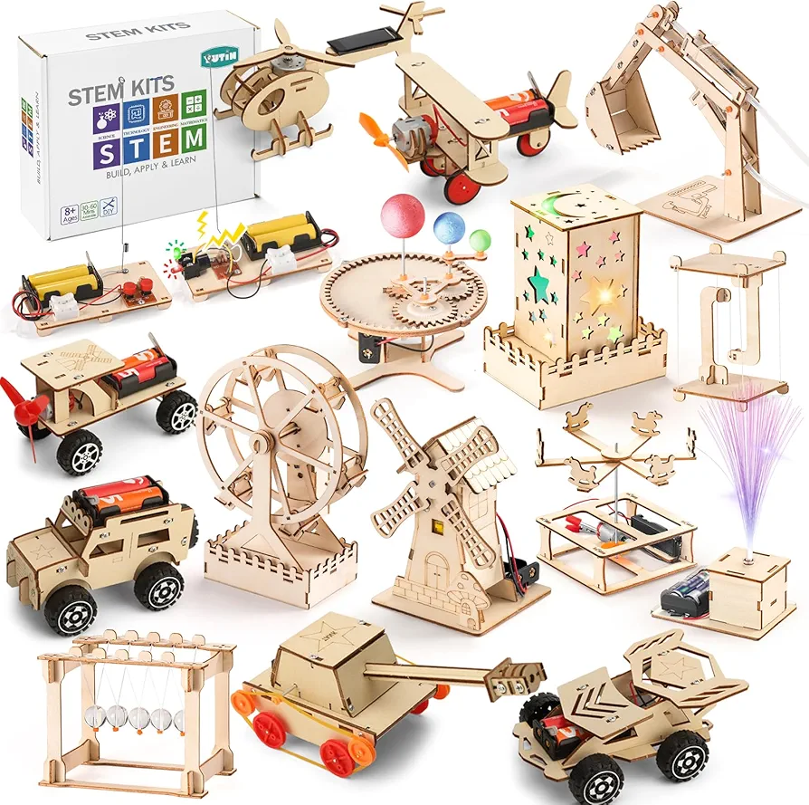 Yutin 16 Set STEM Kits, Wood Car Science Building Kits for Kids Ages 8-12, 3D Wooden Puzzle Crafts for Boys 6-8, Assembly Model Set for Girls 6 7 8 9 10 11 12+