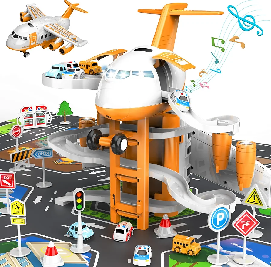 Dwi Dowellin Airplane Toys for Kids 3 4 5 6 Years Old with City Cars and Paly Mat,Plane with Lights and Sounds for Toddler Age 3-6(Yellow)