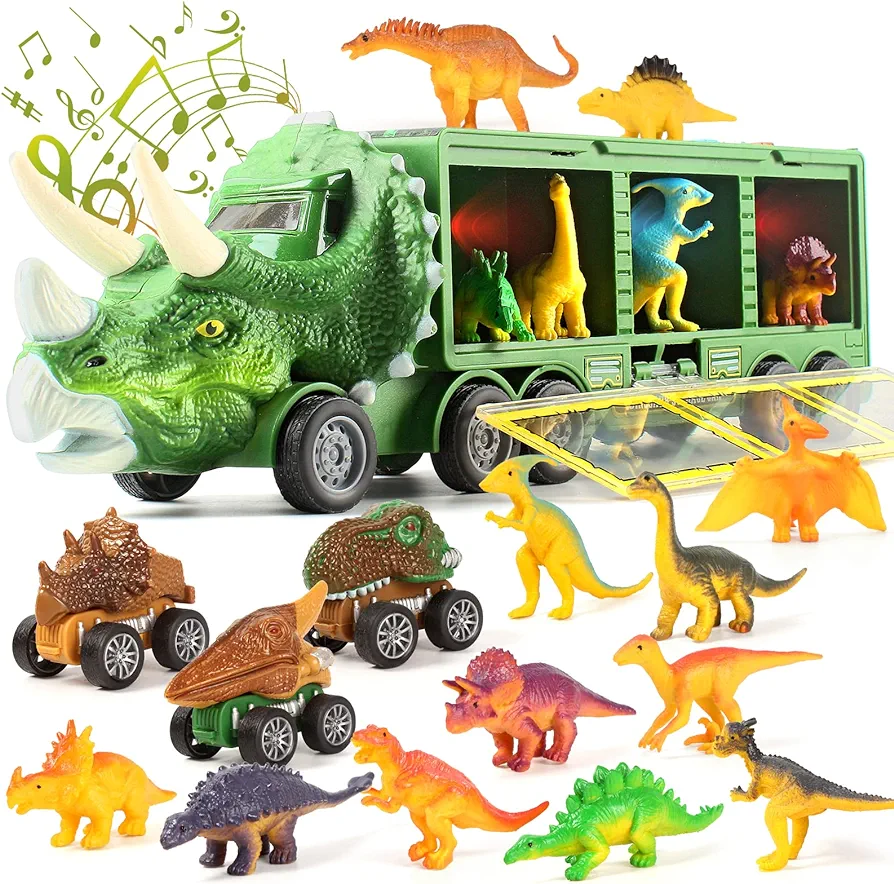 Dinosaur Toy Trucks for Kids - 28 Pack Pull Back Cars Set with Flashing Lights, Music,Roaring Sound,Dinosaur Car with Cars Launcher Track for Boys Girls Age 3 4 5 6 7 8 Year Old (Green)