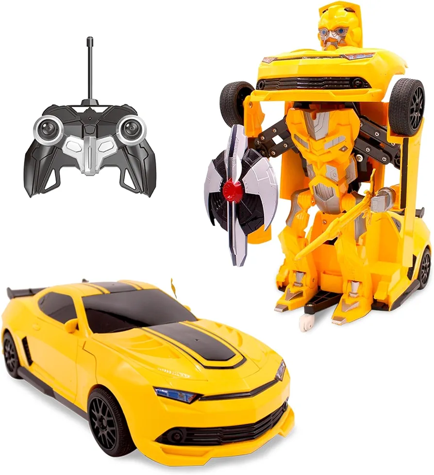 Kids RC Toy Sports Car Transforming Robot Remote Control with One Button Transformation, Realistic Engine Sounds, 360 Speed Drifting, Sword and Shield Included Toys For Boys 1:14 Scale Yellow