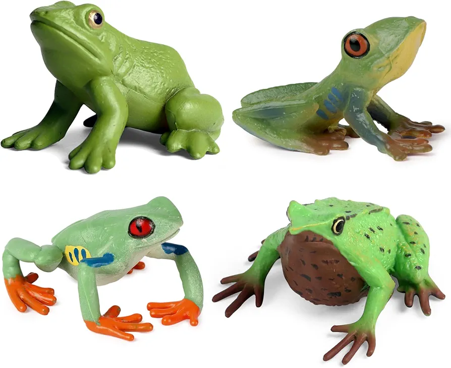 4PCS Frog Toys Plastic Hand Painted Rubber Frog Figurines Realistic Bullfrog Figures for Kids Children, Tree Frog Decoration Cake Topper Miniature Toys