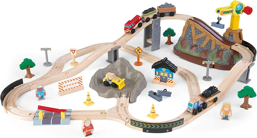 KidKraft Bucket Top Construction Wooden Train Set with Bulldozer, Working Crane, Tracks, Storage and 61 Play Pieces, Gift for Ages 3+