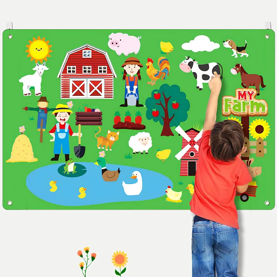 Farm Animals Felt Board Story Set 39Pcs 3.5Ft Felt Board for Toddlers Farmhouse Themed Interactive Storytelling Preschool Teaching Tool Play Kit Toys Gift Felt Board for Wall Hanging 32 Extra Stickers