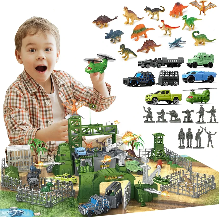 Military Base Toys Set Including Military Base, Military Vehicles, Military Airplane Toy Sets with Trucks, Helicopter, Play Mat with Army Men Action Figures and Accessories, Dinosaur Toys