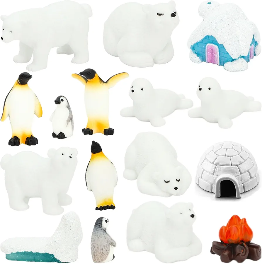 ONEST 16 Pieces Mini Arctic Animals Figurines Set Polar Bear Figurines Plastic Arctic Animal Toy Small Polar Bear Seals Penguin Polar Animal Figurines Set for Kids Birthday Gift