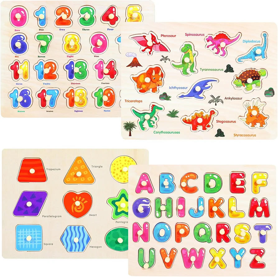 Montessori Wooden Peg Puzzles for Toddlers 2 3 4 5 Year Old, 4 Pcs Kids Educational Toys Preschool Learning Activities-Alphabet, Shape, Number and Dinosaur, Baby Puzzle Gifts for Boys Girls