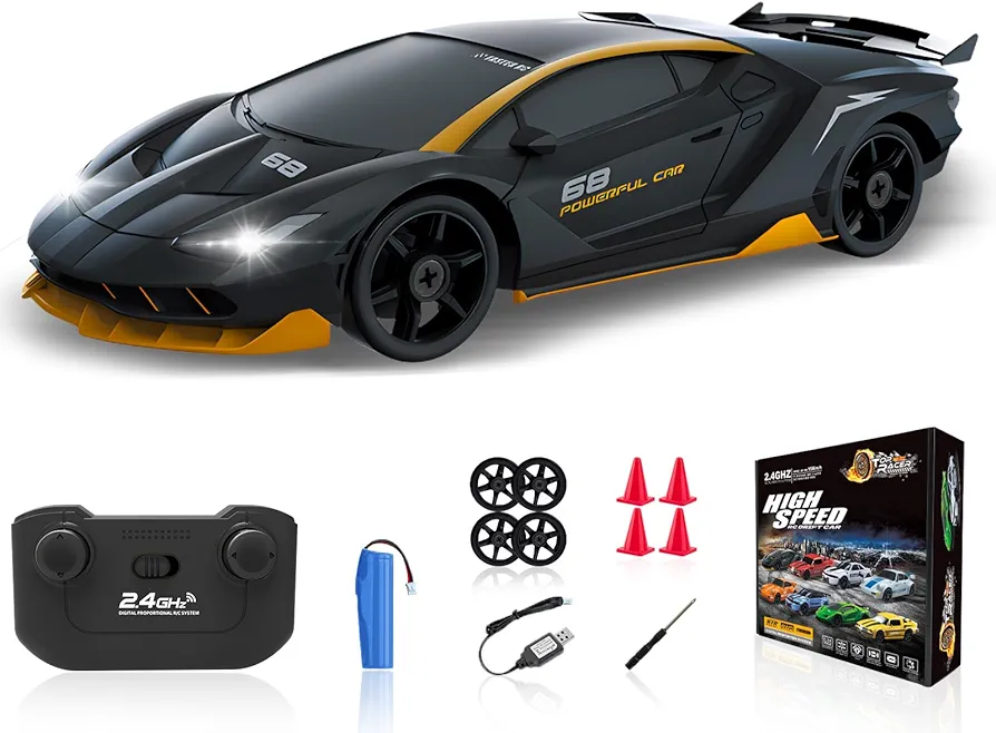 RC Drift Car, 1/24 Remote Control Car 4WD RC Cars for Kids, 2.4GHz Hobby Racing Car Toys Drifting RC Car with LED Light Rechargeable Battery and Drift Tires Toy Cars Gifts for Boys Black