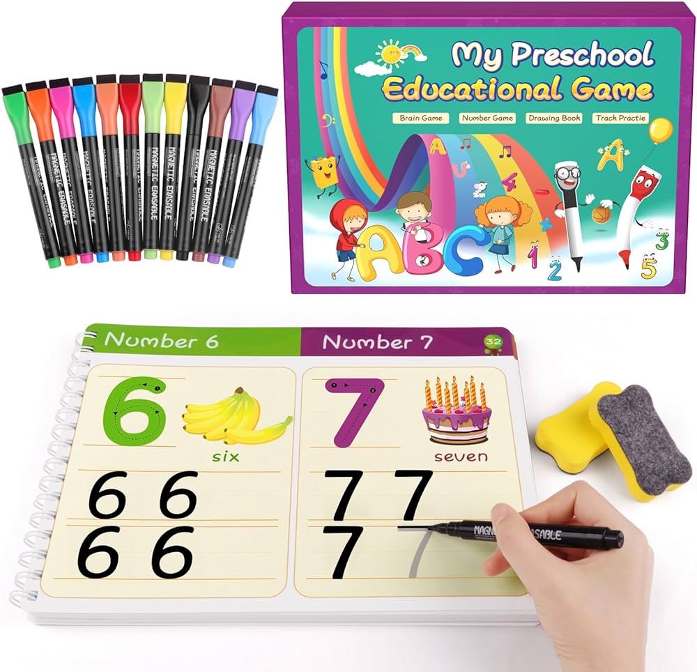 Preschool Learning Activity Educational Workbook 64Pages Toddler Prek Reusable Handwriting Practice Activity Tracing Toys Busy Book for Kids Gift,Autism Learning Material Book 12Markers 2Eraser