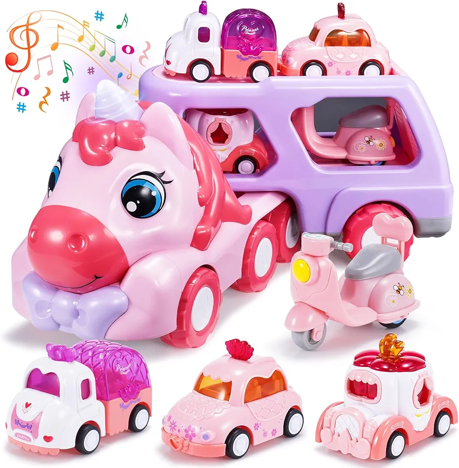 Toys for 1 2 3 Year Old Girls, Gifts for 1 2 Year Old Girls 5 in 1 Girl Cars for Toddlers 1-3 Unicorn Toy Little Girl Toys Age 2-3 Birthday Gifts for Kids Pink Truck