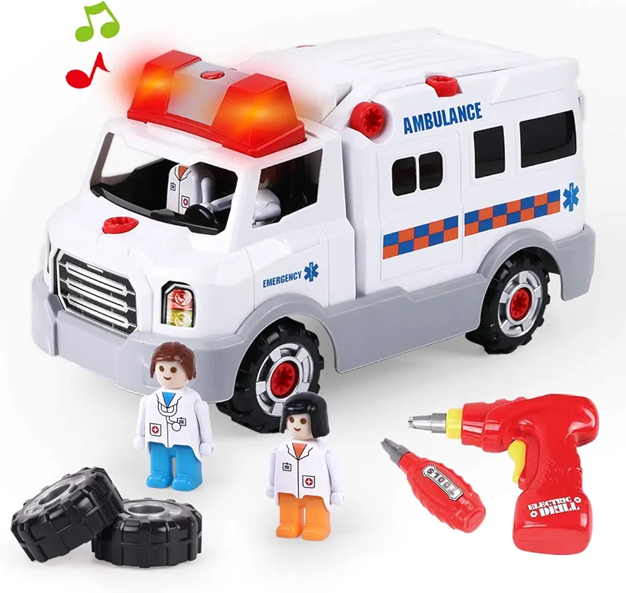 REMOKING Learning Take Apart Toy, Build Your Own Car Toy Ambulance Educational Playset with Tools and Power Drill, DIY Assembly Car Gifts for Kids with Realistic Sounds & Lights (3+ Ages)