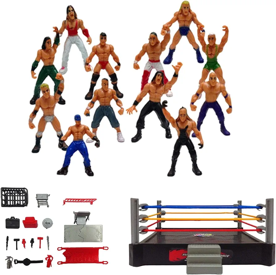 Wrestling Figure Playset,Wrestling Toys,12 Little Wrestlers Action Figure, Wrestling Playset with Action Figures and Accessories,with Realistic Wrestlers,Cake Toppers,Collection,