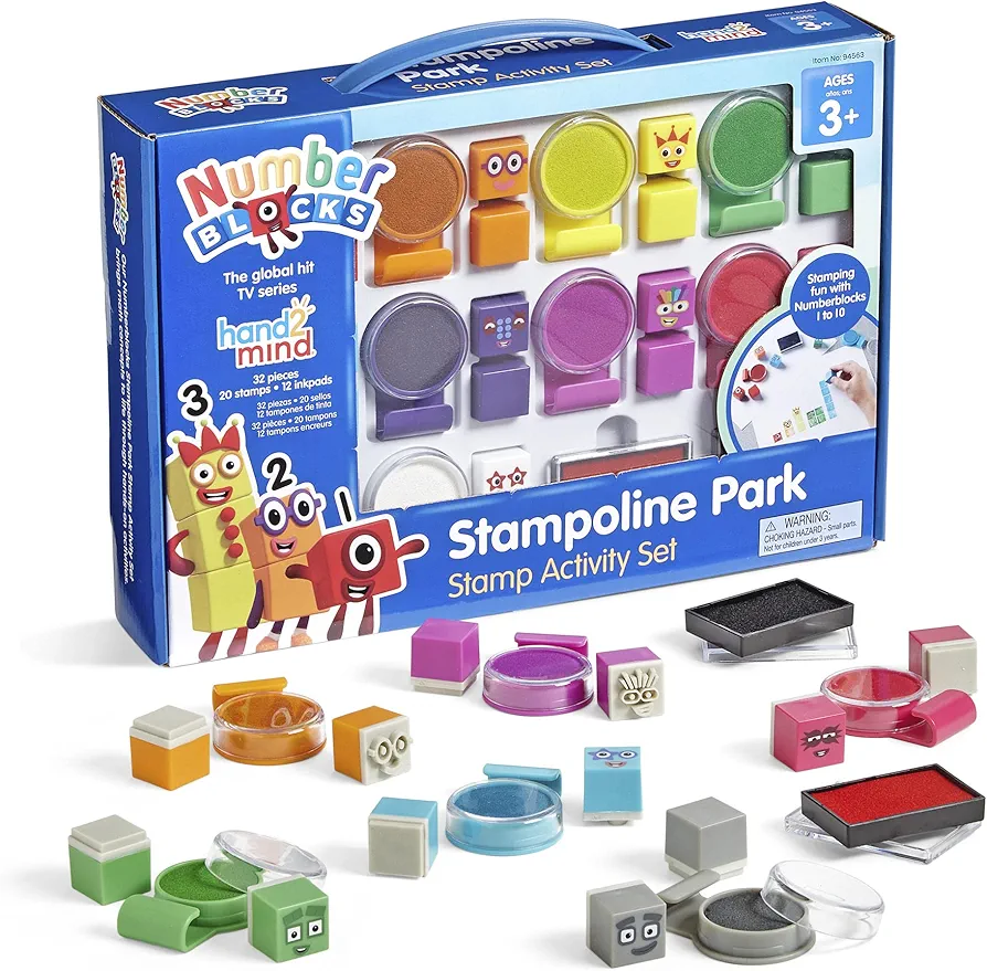 hand2mind Numberblocks Stampoline Park Stamp Activity Set, 20 Kids Stamps, 12 Washable Ink Pads, Number Toys, Preschool Math Toys, Counting Toys, Kids Arts and Crafts, Birthday Gifts for Kids