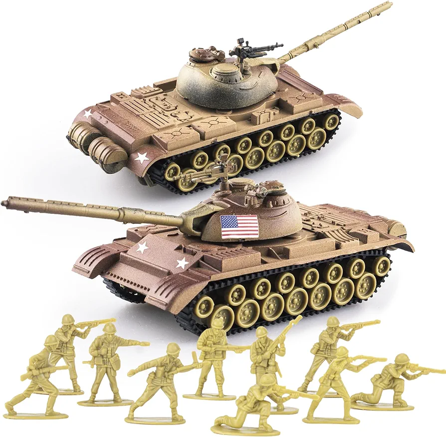 1:72 WW2 Army Tank and Army Men Toys Playset, 2pc US Desert Tan Tank-2 Models with 10pc Toy Soldiers, Rotating Turret and Missile, Great Military Toy for Kids Boys