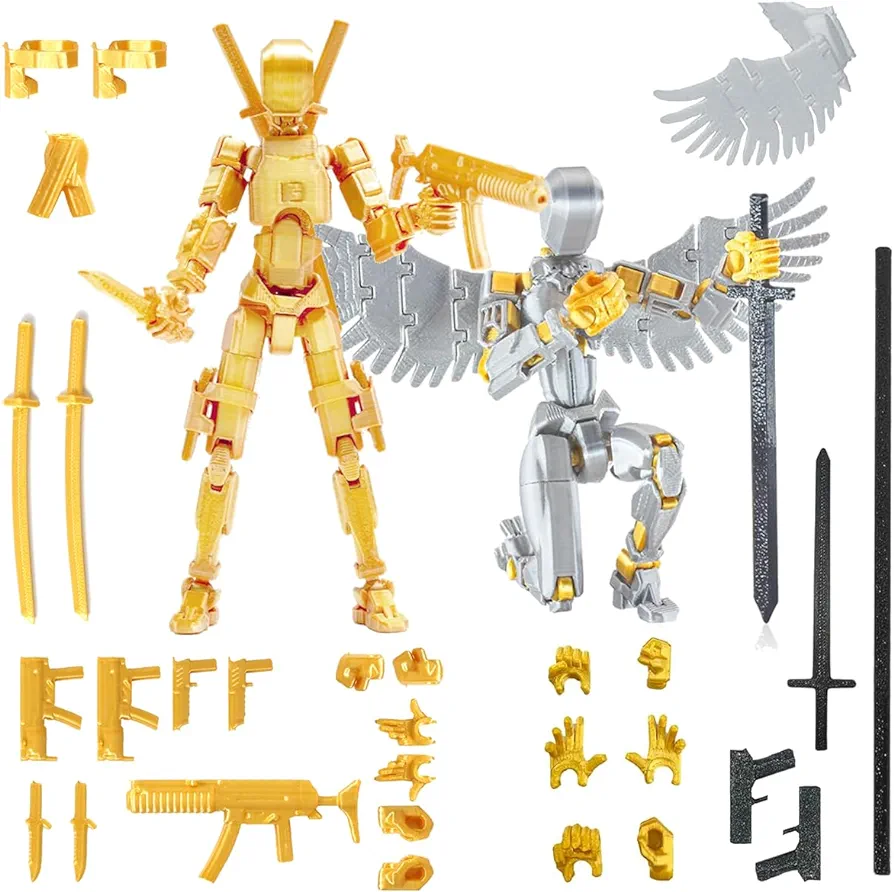 T13 Action Figure Set (Assembly Completed), 3D Printed Multi-Jointed, Titan 13 Action Figures, Multi-Articular Lucky Mobile Robot Nova T-13,Desktop Decorations for Game Lovers Toys (Gold/Sliver)