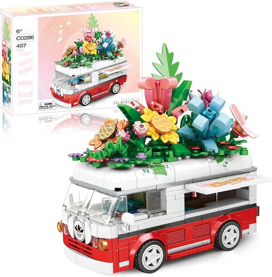 STEM Flowers Car Building Set for Girls, 457 PCS Car Building Toys for 6 7 8 9 10 11 Years Old Kids, Flowers Van Car Construction Building Kits, Birthday Toys Gift for Aged 6-12+