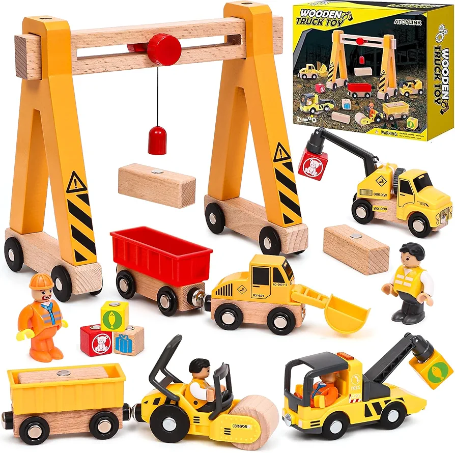 Atoylink 15PCS Kids Wooden Construction Toys with Magnetic Train Cars, Gantry Crane Bulldozer Roller Tow Truck Construction Site Vehicles Playset Gifts for 3 4 5 6 Year Old Toddlers Boys