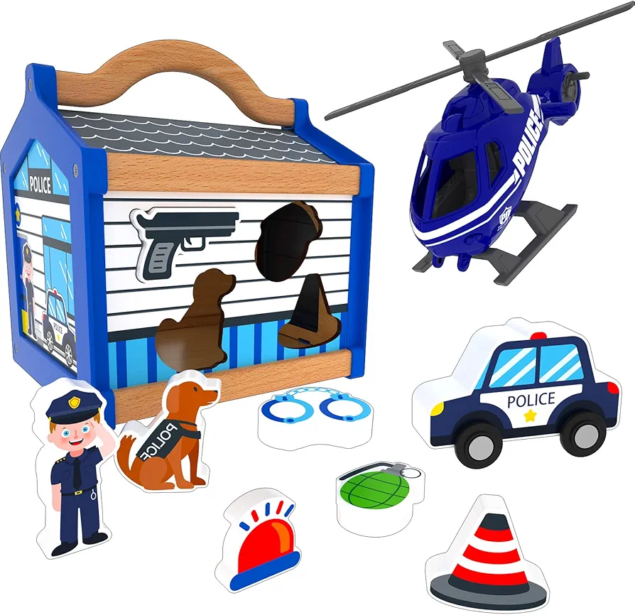 Montessori Wooden Police Station Playset, Pretend Play Dollhouse with Figures, Police Car, Helicopter and Accessories, Shape Sorting and Stacking Learning Toys for Toddlers Preschoolers Ages 1 to 3