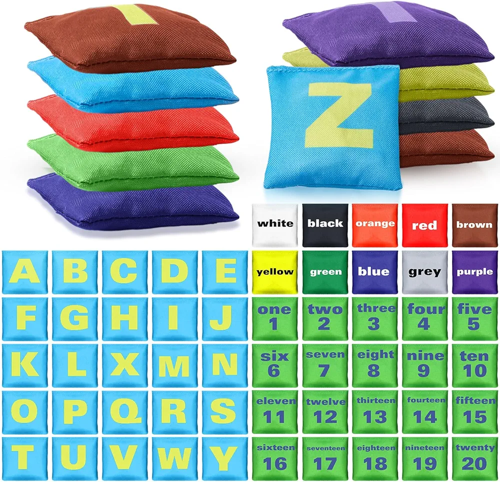 ShinyRelief 56 Pcs Educational Bean Bags for Toddlers with 20 Number Beanbags 10 Color Beanbags 26 Alphabet Bean Bags for Kids Learning Color Alphabet Number Sensory Tossing Game Home Classroom