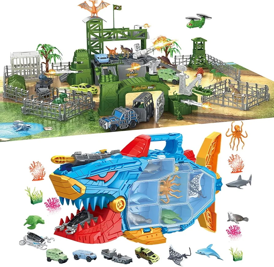 Deep Sea Creatures Toy Ocean Animals Toys with Truck Toys Cars, Army Men Toys and Dinosaur Toys