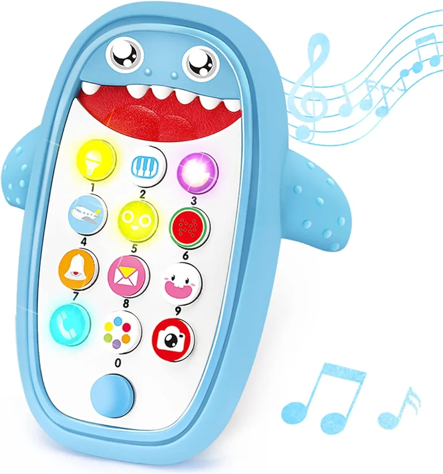 Baby Shark Cell Phone Toy Removable Teether Case, Light, Music & Adjustable Volume Kids Play & Learn Fake Phone Infant Toddler, Preschool Holiday Birthday Gift for Girl Boy 0-6, 6-18 Months (Blue)