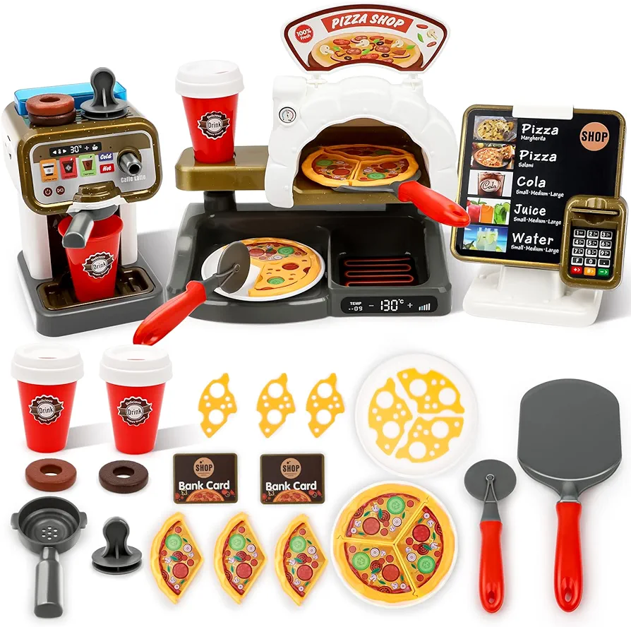 deAO Pretend Play Store Coffee Playset Kids Coffee Maker Play Set Pizzas Shop with Cash Register 30pcs STEM Toy for Kids Pre-School Pretend Toy for Toddlers Boys & Girls Age 3+