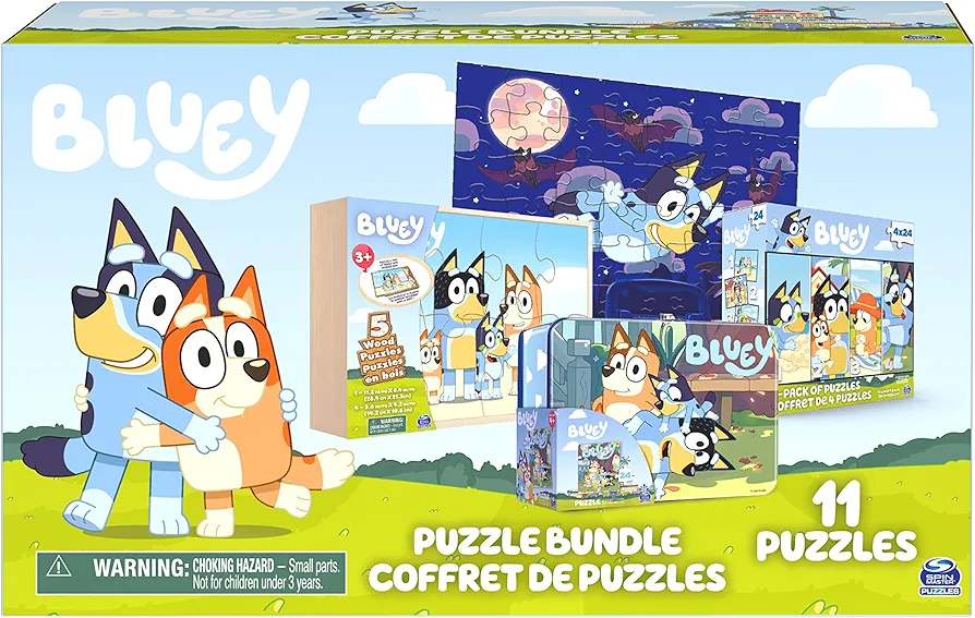 Bluey 11 Puzzle Bundle Set, 8- and 24-Piece Wood, Fuzzy, & Die-Cut Jigsaw Puzzles for Preschoolers and Kids