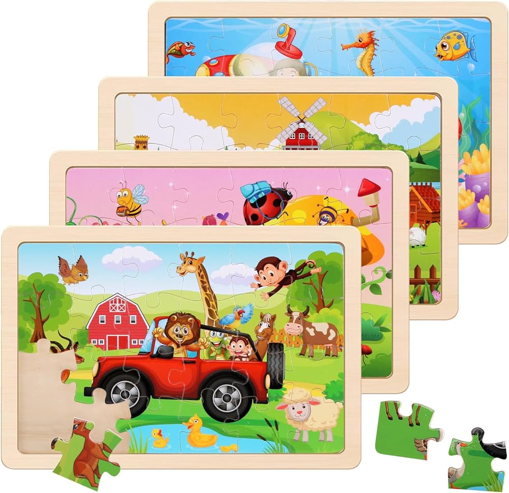 Wooden Puzzles Toys for Kids Ages 3-5, Set of 4 Packs with 20-Piece Farm, Animals Theme Wood Jigsaw Puzzles, Preschool Educational Brain Teaser Toys for Boys and Girls 3-6 Years Old.