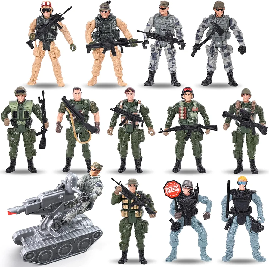 LovesTown 13PCS Military Action Figures, Army Men Toy Set with Weapons Special Force Soldiers Riding on Armored Vehicle for Kids Birthday Gift