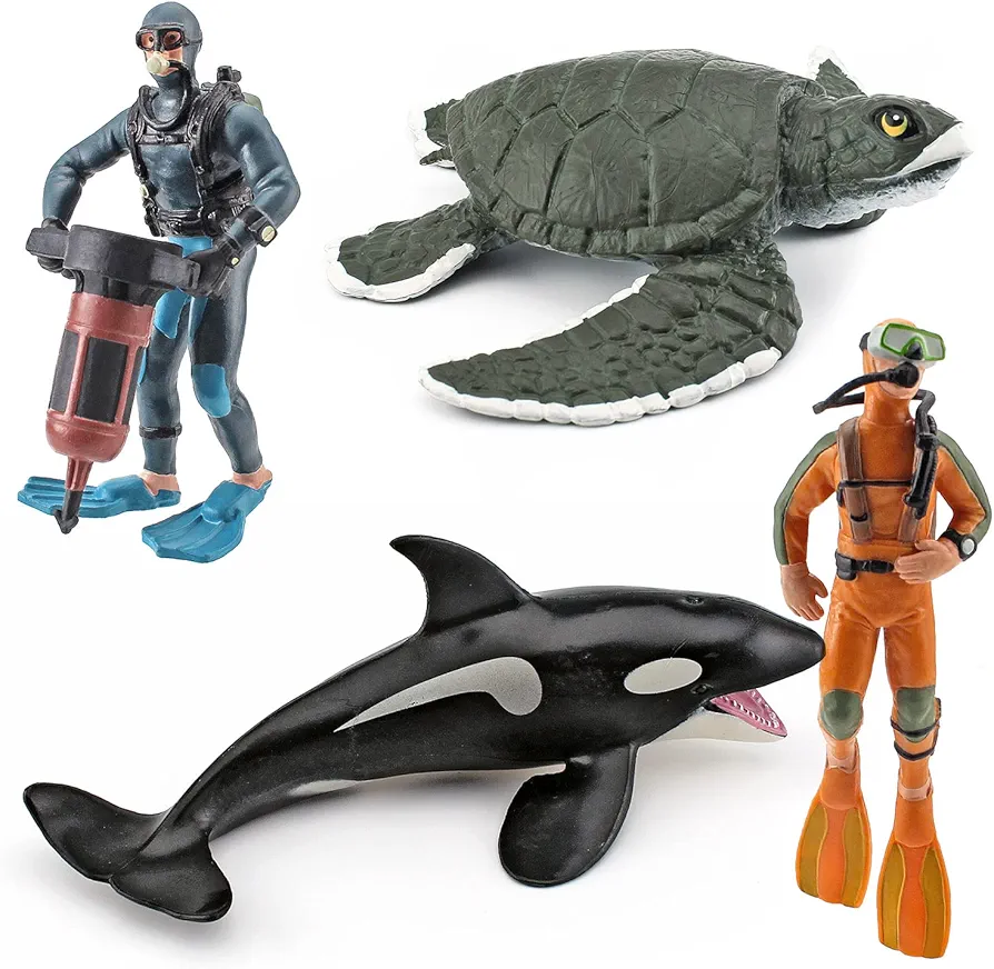 Ocean Sea Marine Animal Figure Toys Playsets 4 PCS Diver Killer Whale Sea Turtle Model Toy Desktop Decoration Collection Party Favors Toys for Boys Girls Kids