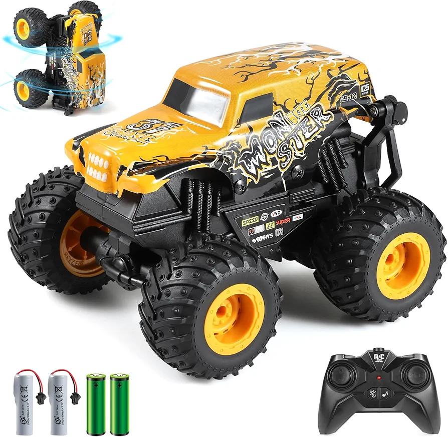 Remote Control Car, 2.4Ghz All Terrain Monster Truck Toys, RC Truck with Music, 3 Lighting Effects, 360 Stunt Capable, All Included Ready to Run, Toy Gifts for Boys and Girls (Yellow)