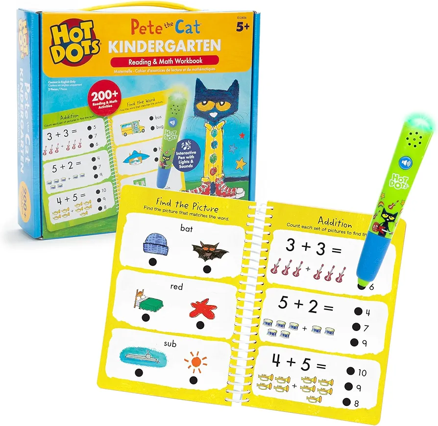 Educational Insights Hot Dots Pete The Cat Kindergarten Reading & Math Workbook, includes 200 Activites, Reading Games for Kids Ages 5+