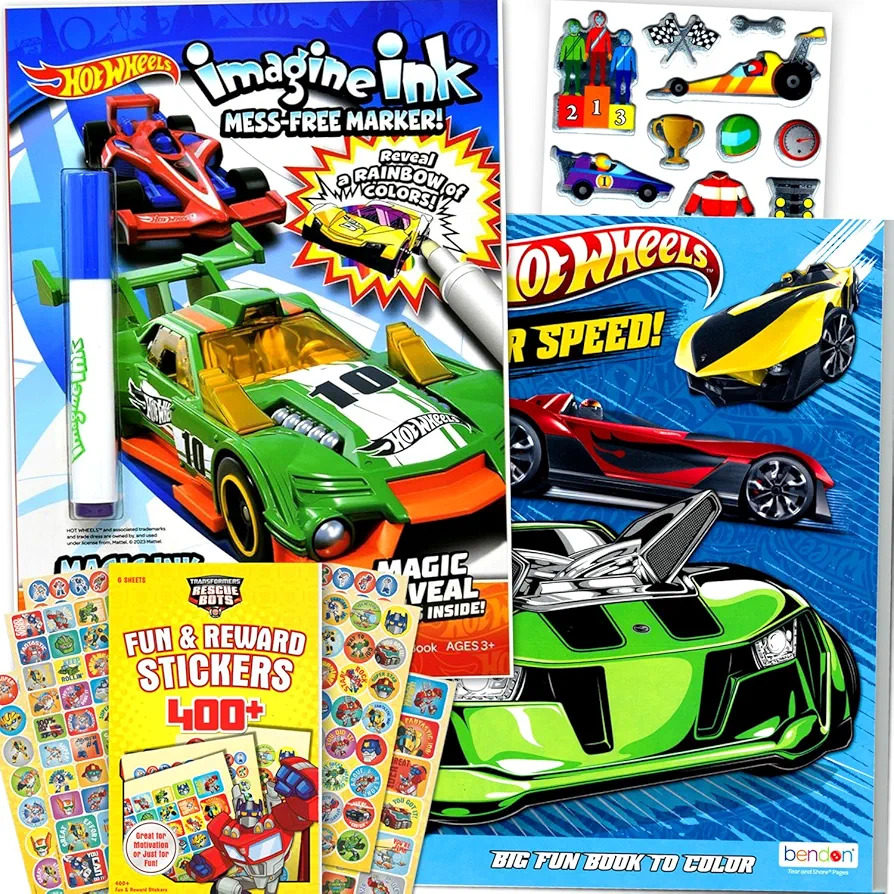 Hot Wheels Coloring Activity Books Set for Kids - Bundle with Hot Wheels Coloring Book, Sticker Pads, Hot Wheels Hot Rod Imagine Ink and More