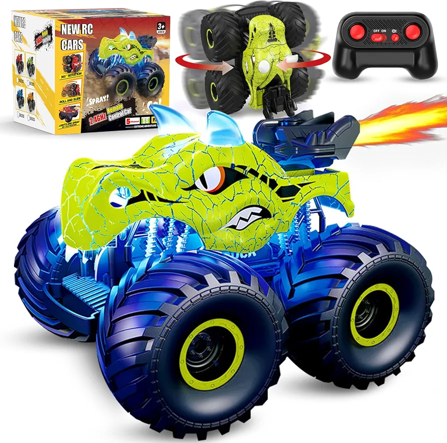 Remote Control Dinosaur Car, 2.4GHz RC Monster Trucks for Boys with Spray, Light & Sound, All Terrain RC Cars with 2 Batteries, Dinosaur Toys for Kids 3 4 5 6 7 8, Christmas Birthday Gift