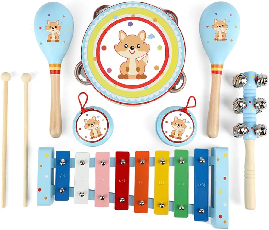 Kids Musical Instruments Sets, 12pcs Wooden Percussion Instruments Toys Tambourine Xylophone for Kids Playing Preschool Education, Early Learning Musical Toys for Boys Girls Gift (Blue)