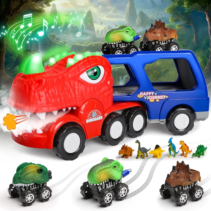 Hot Bee Kids Toys for Toddlers 1 2 3 4, Dinosaur Toy Cars for 3-5 Year Old Boy Birthday Gifts, Dinosaur Transport Truck with Music Spray Light-up and 3 Pull Back Dino Cars for Toddler Car Toys