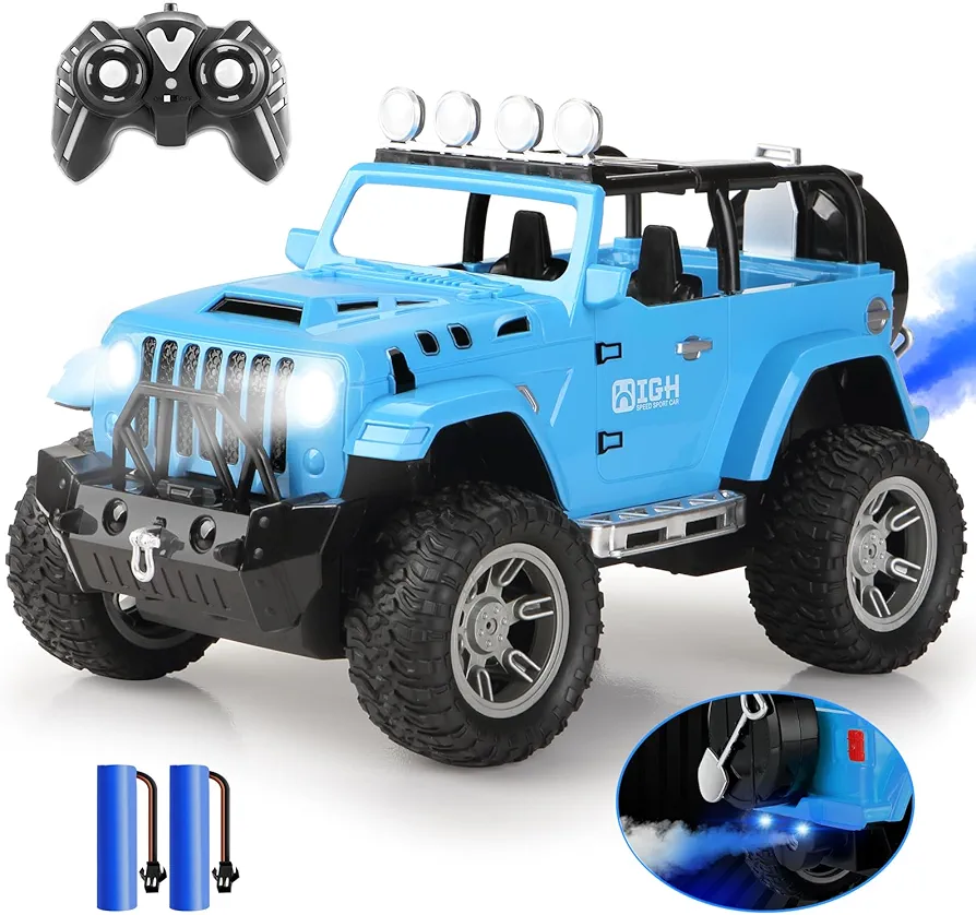 Remote Control car for Kids with Spray Mist,1:16 Scale RC Car with Engine Sound and LED Lights, 2.4Ghz Off Road RC Monster Trucks -Christmas, Birthday for Kids (blue)