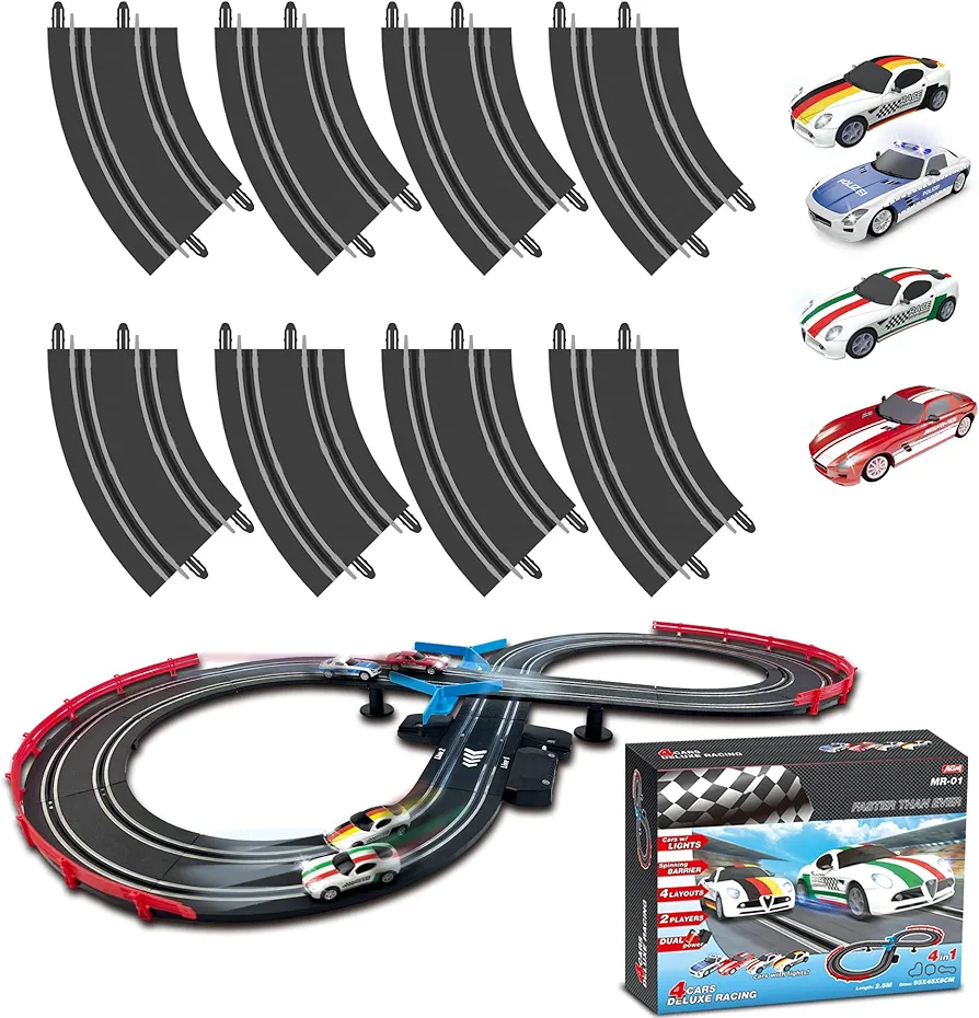 AGM MASTECH Slot Car Race Track Sets with Curve Expansion Pack - 8 Curve Tracks, 4 Exquisite Slot Cars, Battery or Electric Car Track, 2 Controllers, Lap Counter, Gift Toys for Boys and Girls Age 4-12