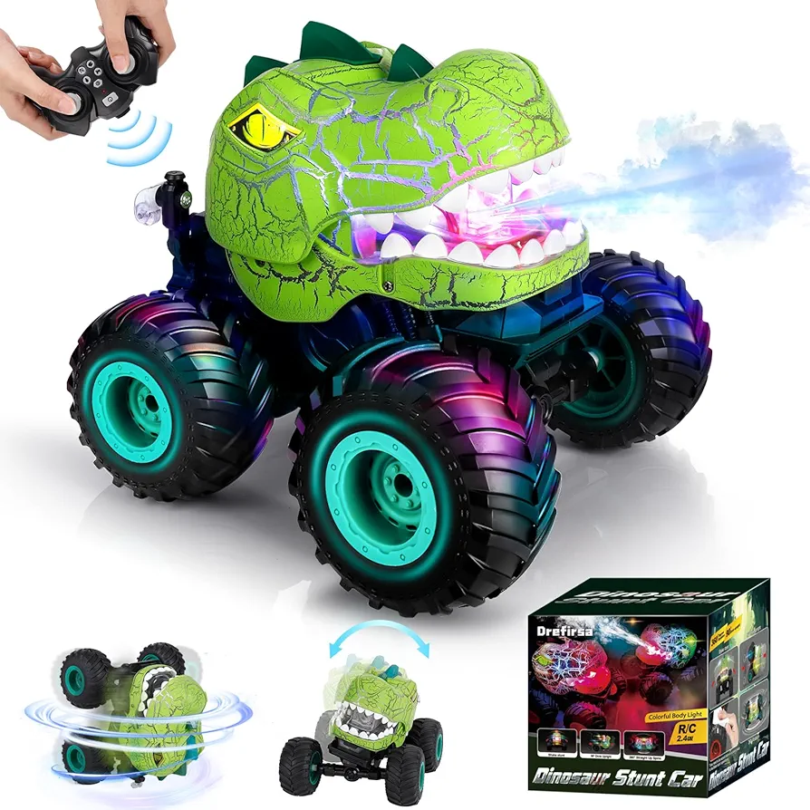 Monster Truck Toy, Dinosaur Remote Control Car for Boy 4-7 8-12, 50min+ Runtime RC Stunt Car with Spray, Light, 360° Rotating&90° Driving, All Terrain Dinosaur Toy RC Truck for Kid Xmas Gift