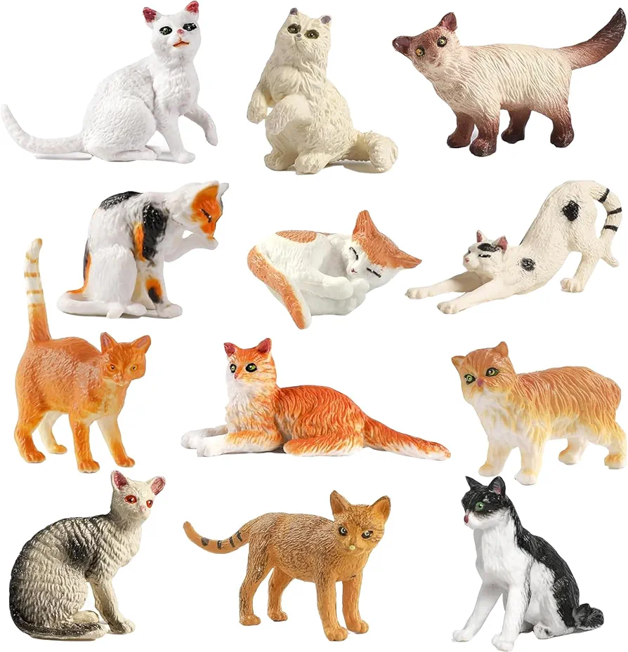 12PCS Mini Cat Figurines Toy Set, Plastic Cat Figures Playset, Hand Painted Realistic Kitten Toys, Cake Toppers Easter Eggs Christmas Birthday Gift for Kids Toddlers