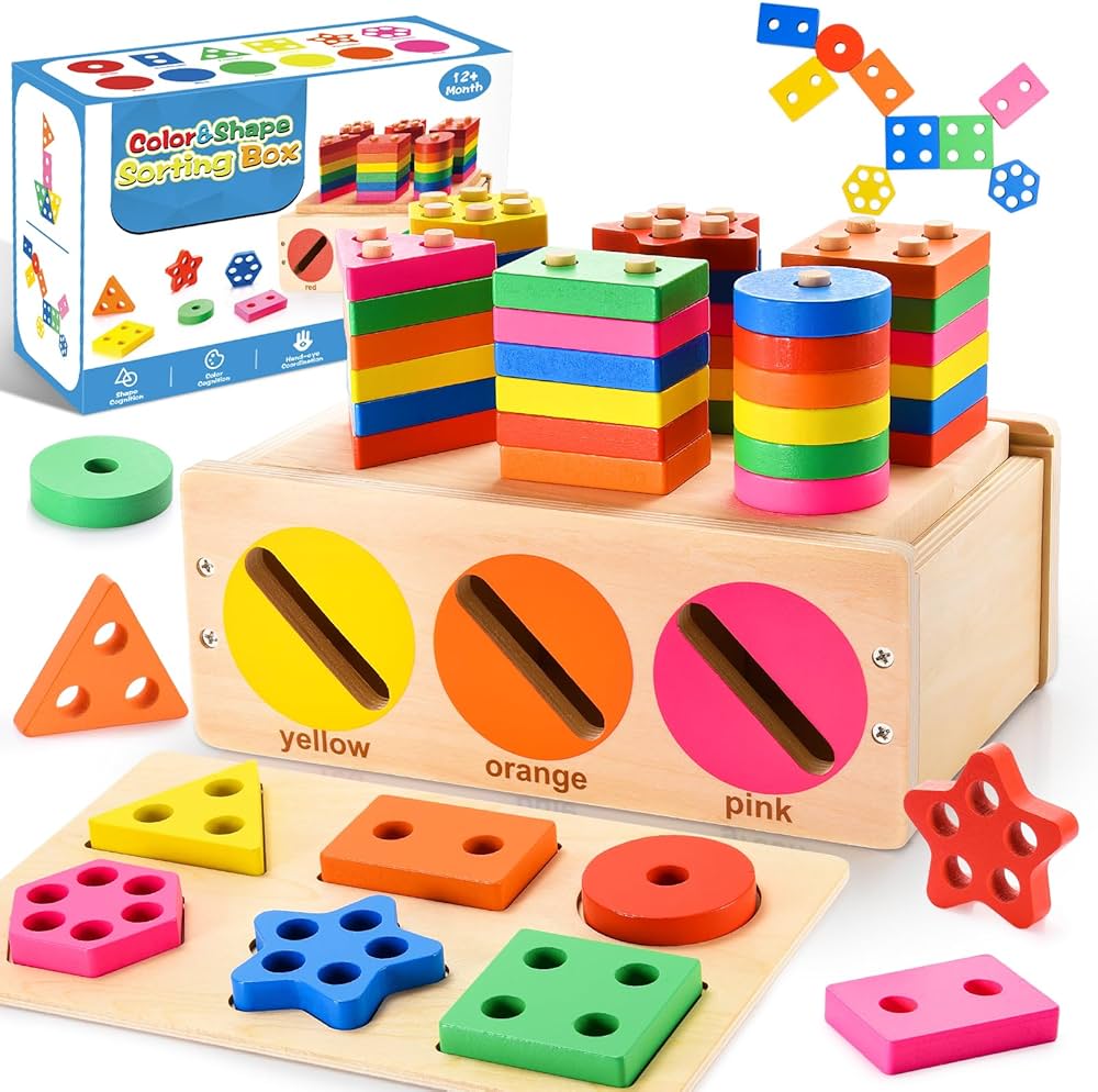 Montessori Toys for 1 2 3 Year Old, Color and Shape Sorting Box Wooden Sensory Toys for Toddlers 1-3,Educational Birthday Gift for Baby Boys Girls Age 12-18 Months