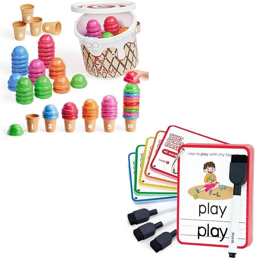 Ice Cream Counting and Color Sorting Set for Toddlers and Kids+JoyCat Sight Words Kids Writing Flash Cards for Preschool Kindergarten 3 4 5 Years Old Toddlers 1st 2nd 3rd Grade