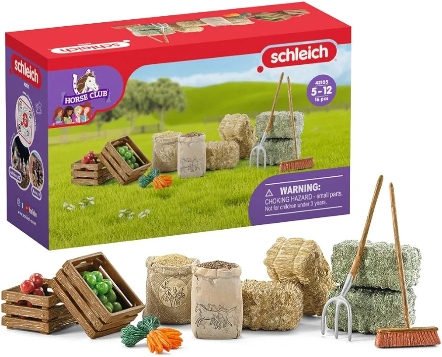 Schleich Horse Club 14pc. Toy Feed and Accessory Set for Horses and Animals - Detailed Hay, Straw, and Carrot Horse Feed, for Education and Imaginative Play for Girls and Boys, Gift for Kids Ages 5+