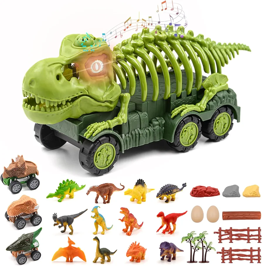 Dinosaur Toys for Kids with Roar & Light, Dinosaur Truck Play Set, includes 12 Dinosaur Figures and 3 Dinosaur Cars, Boys Girls Birthday Gifts