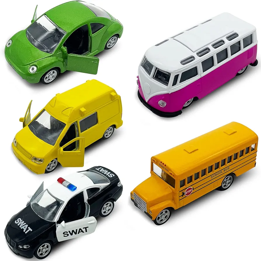 5 Pack Die-cast Pull Back Vehicles,Mini Alloy Metal Models Car Toys,School Bus,Police Car with Openable Doors for Kids Boys Girls