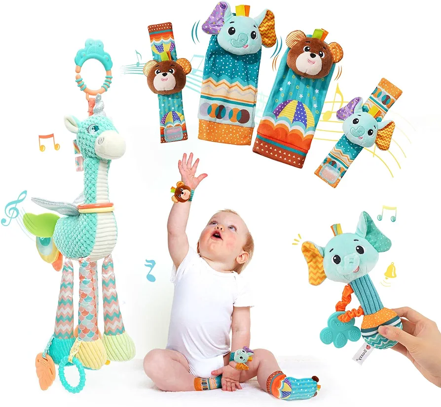 6 Pcs Newborn Montessori Hanging Toys for Stroller Crib and Car Seat, Baby Socks and Wrists Sensory Rattles Toys for Infant, Baby Toys 0-6-12 Months, Baby Boy and Girl Gifts