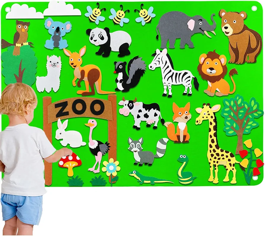 Zoo Animals Felt Board Story Set for Toddlers 32 Pieces Felt Jungle Animals Toys Figures Teaching Wall Flannel Board for Preschool Crafts Activity Early Learning Storytelling